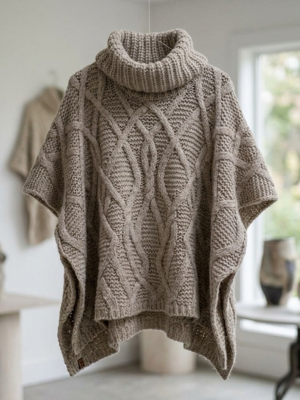 Beige Cable Knit Cowl Neck Poncho